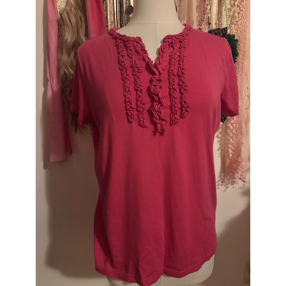 St. John's Bay Women's Hot Pink Ruffle Front V-Neck Short Sleeve Top 2XL Plus